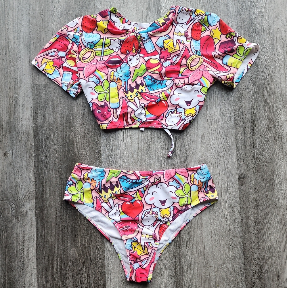 Cartoon graphic high waisted bikini swimsuit
